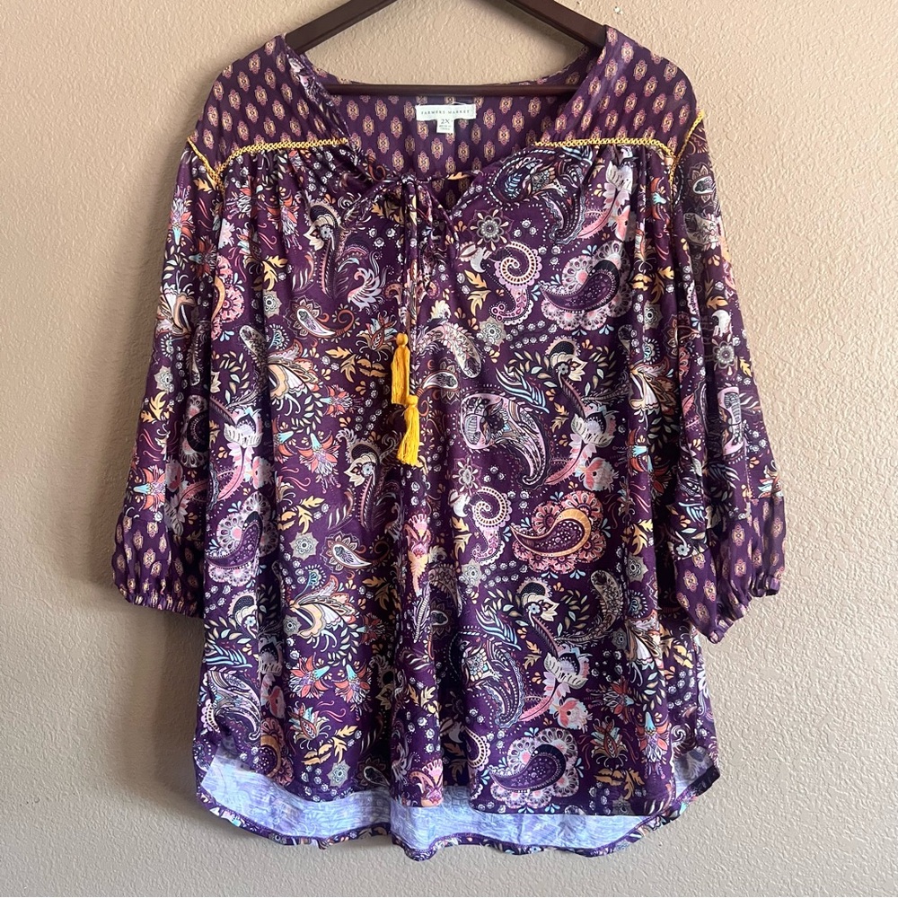 Farmers Market Front Tie Purple Paisley Boho Women's Top Size 2X